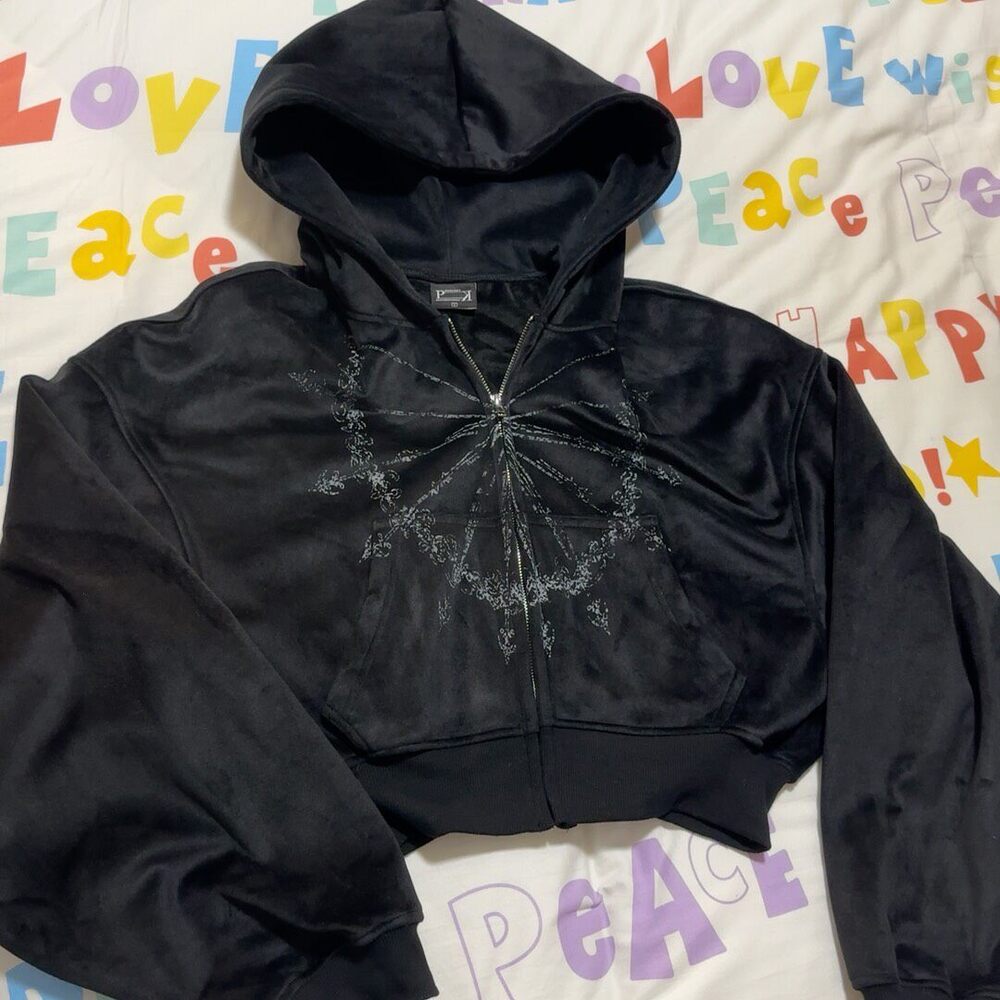Velvet Black Cropped Zip Up Hoodie size L